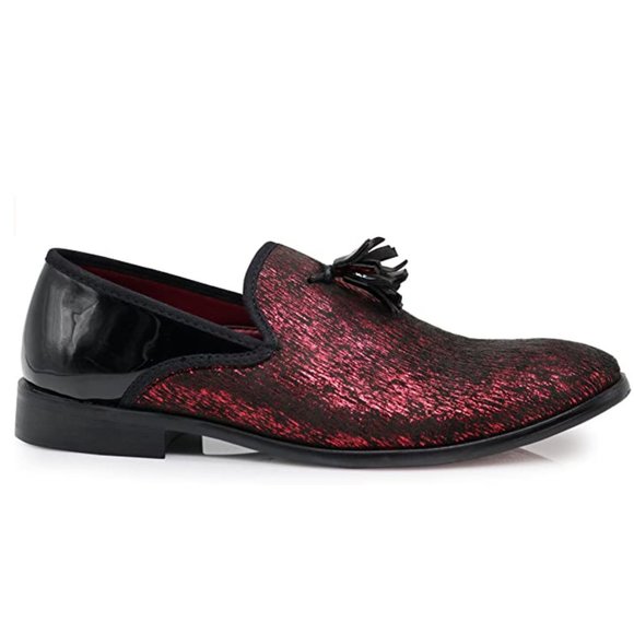 Men's Vintage Velvet Dress Shoes Classic Tuxedo Slip On Loafers Red - Picture 3 of 4